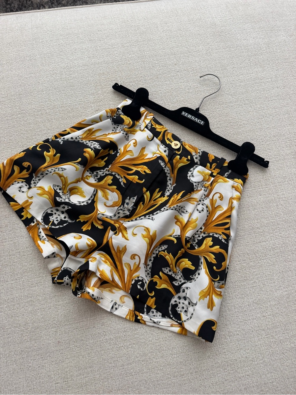 Versace Black White & Gold Baroque Print Satin Shorts